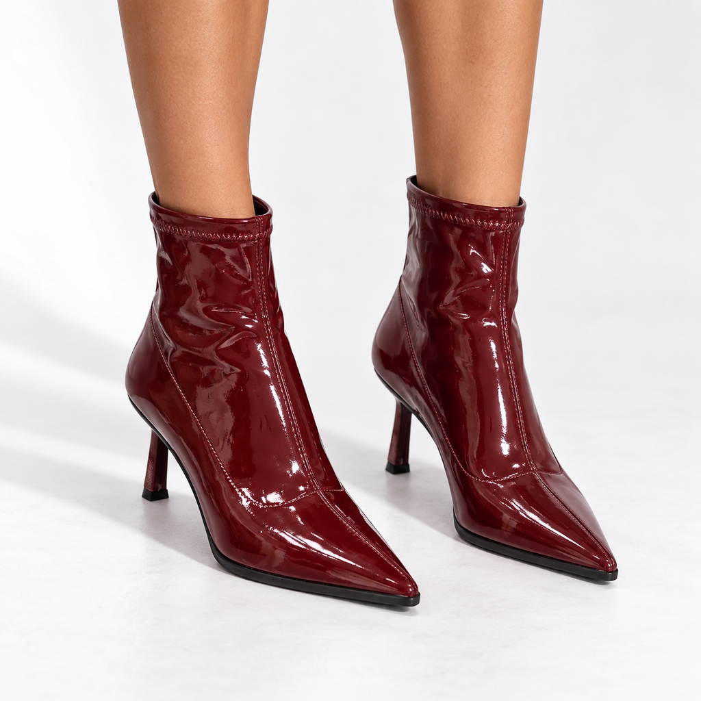 Patent Leather Pointed Toe Stiletto Heel Ankle Boots — wine red front