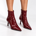Patent Leather Pointed Toe Stiletto Heel Ankle Boots — wine red front