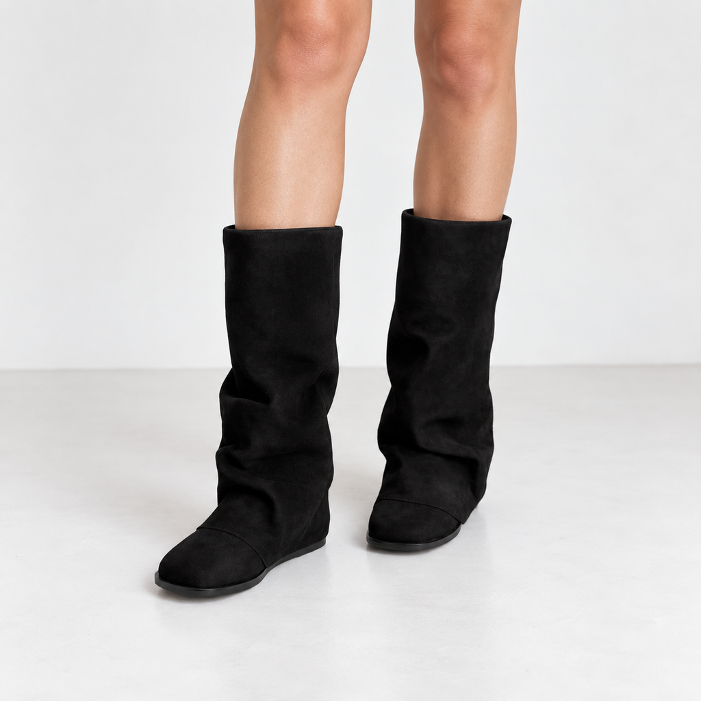 Womens Cowhide Knight Boots with Rivet Details — black front