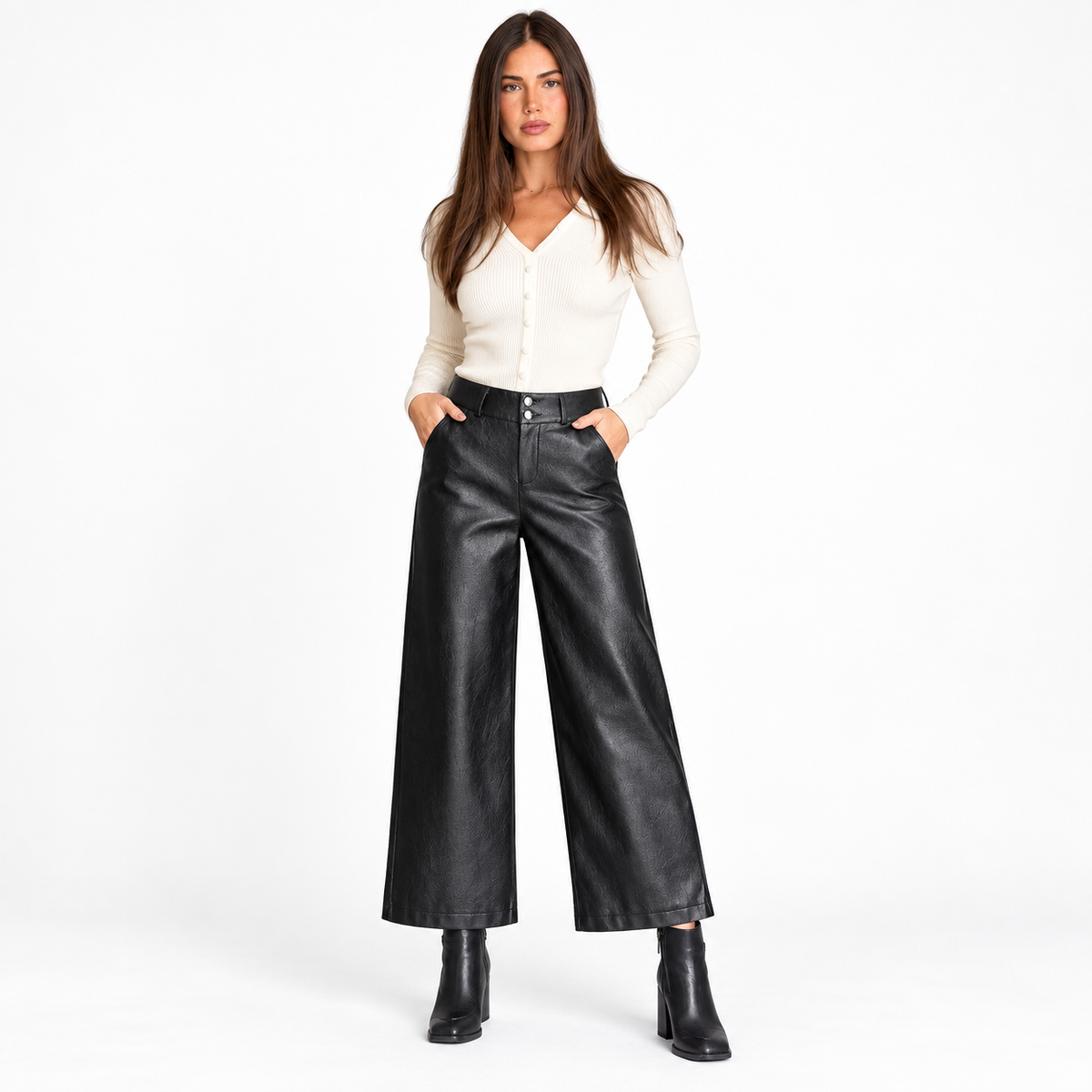 womens leather pants — black front