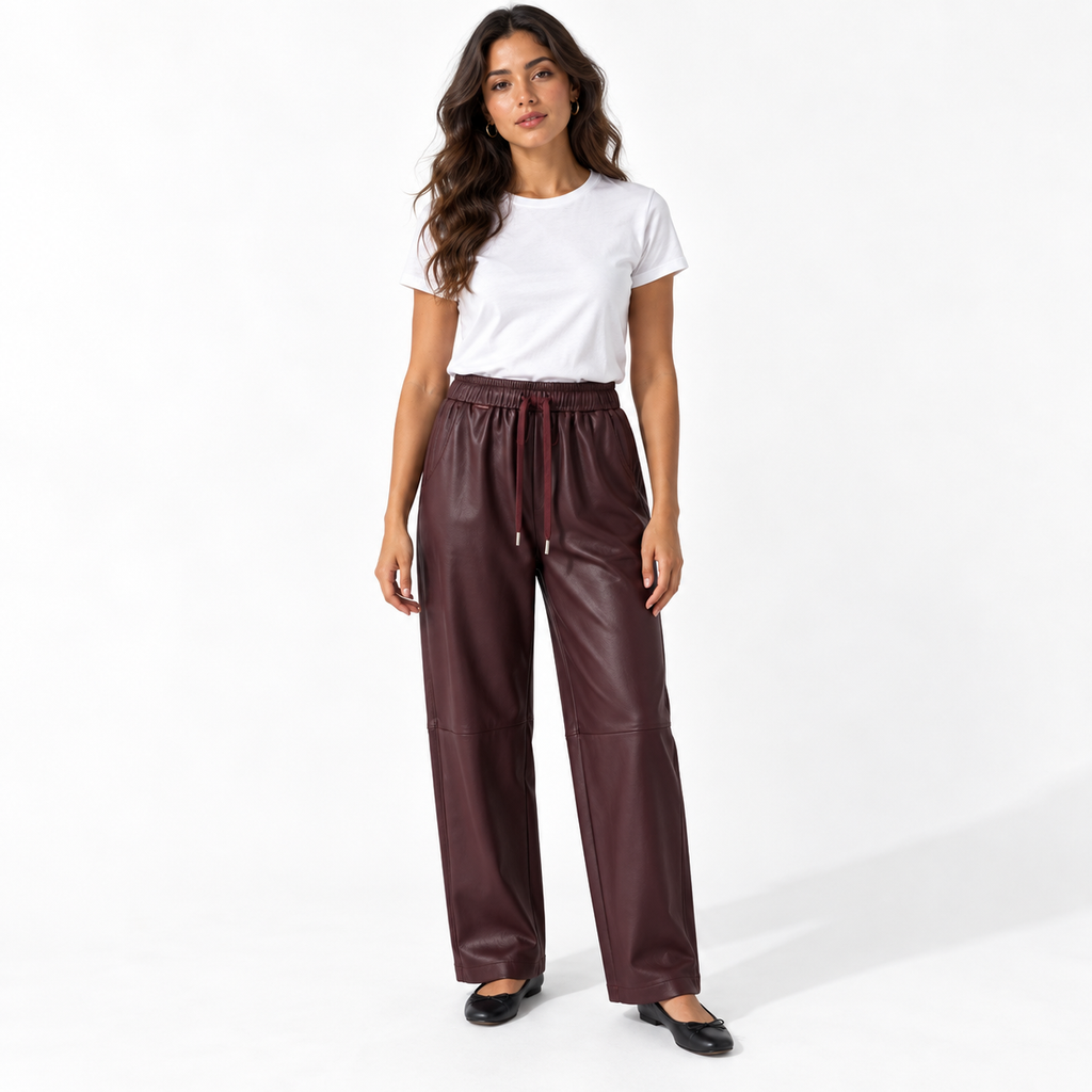 Women's Matte PU Leather High Waisted Tapered Pants — angola red front