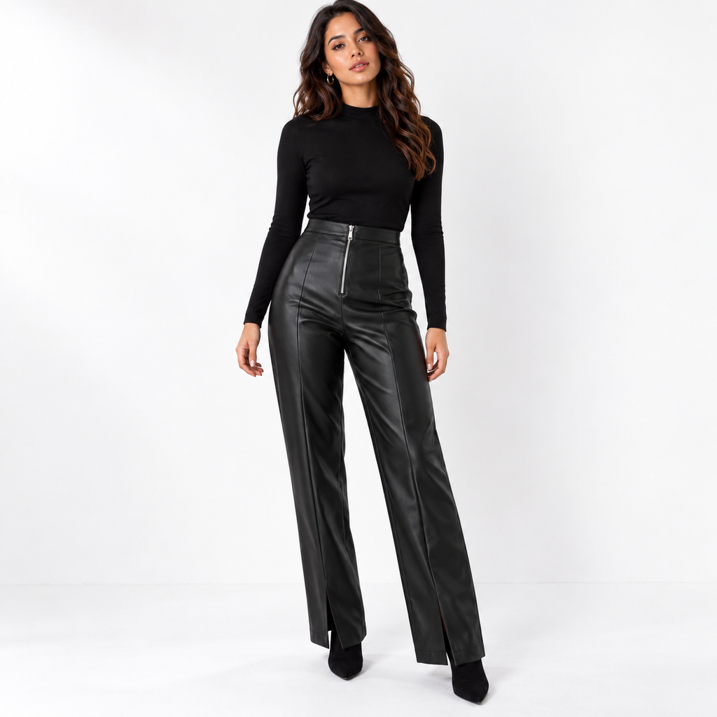 Womens High Waisted PU Leather Wide Leg Pants — black front