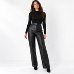 Womens High Waisted PU Leather Wide Leg Pants — black front