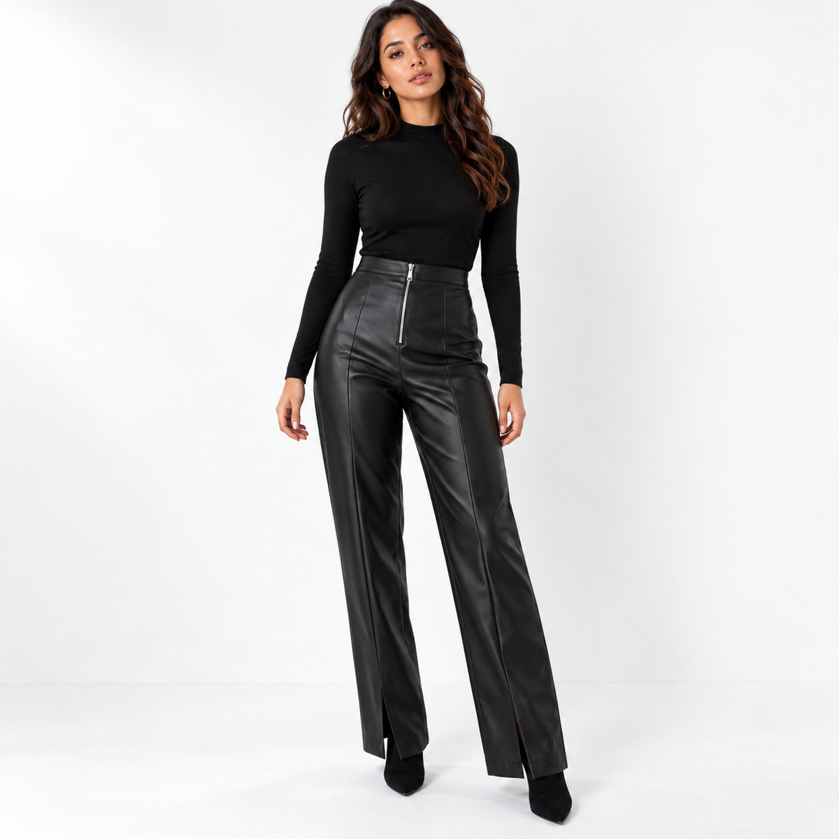 Womens High Waisted PU Leather Wide Leg Pants — black front