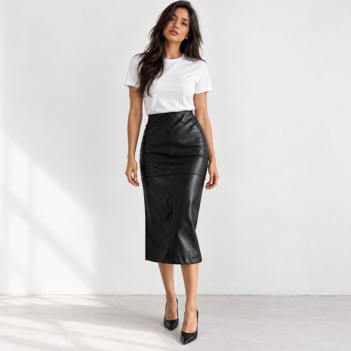 Women's High Waist PU Leather Pencil Skirt — black front