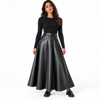 Women's High Waist PU Leather A-Line Skirt — black front