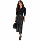 Genuine Leather A-Line Skirt with Front Slit — black front
