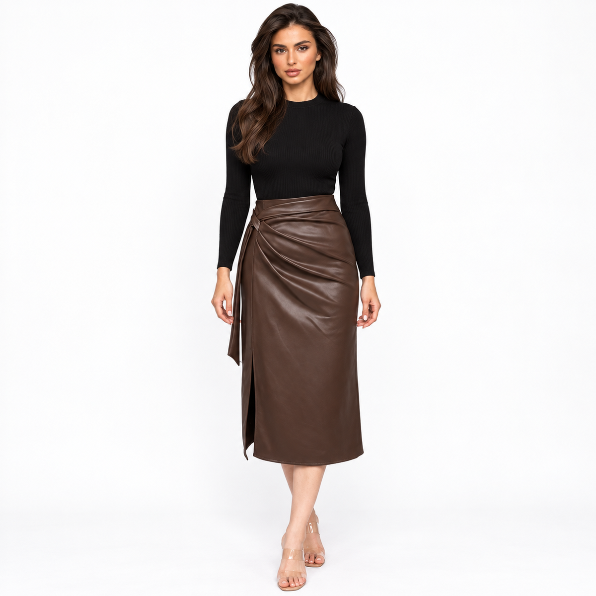 Design-inspired A-line leather skirt — coffee color front