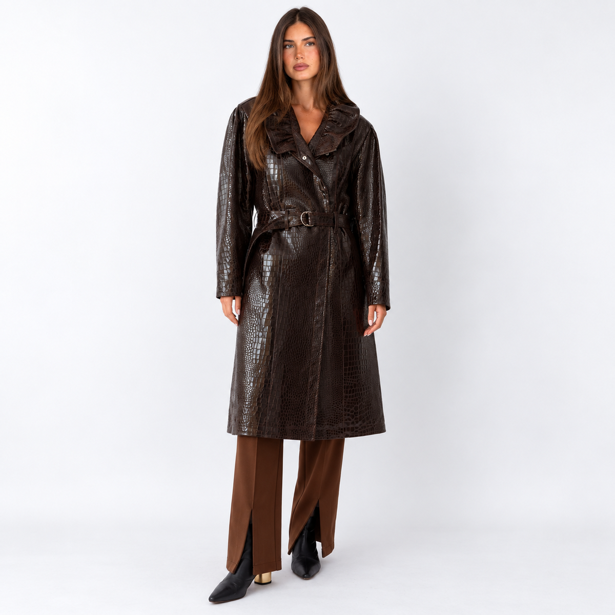 Leather Trench Coat — reddish brown front