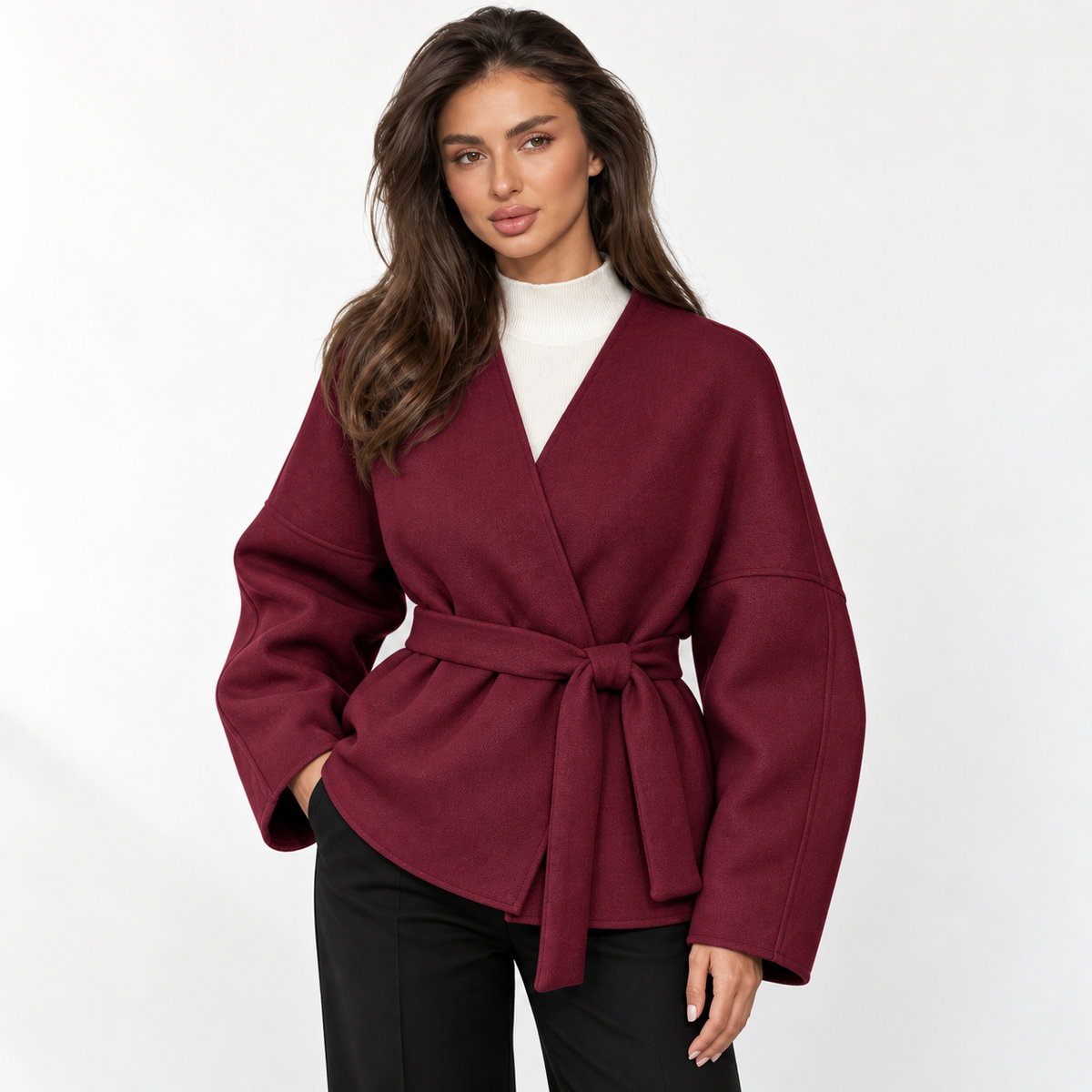 Womens Elegant Belted Trench Coat — wine red front