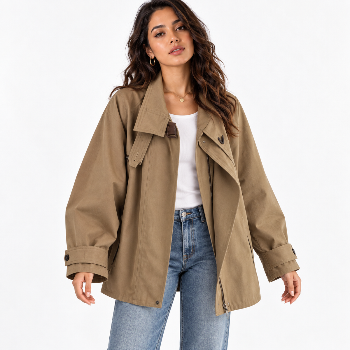 Women's Cape Style Short Trench Coat — khaki front