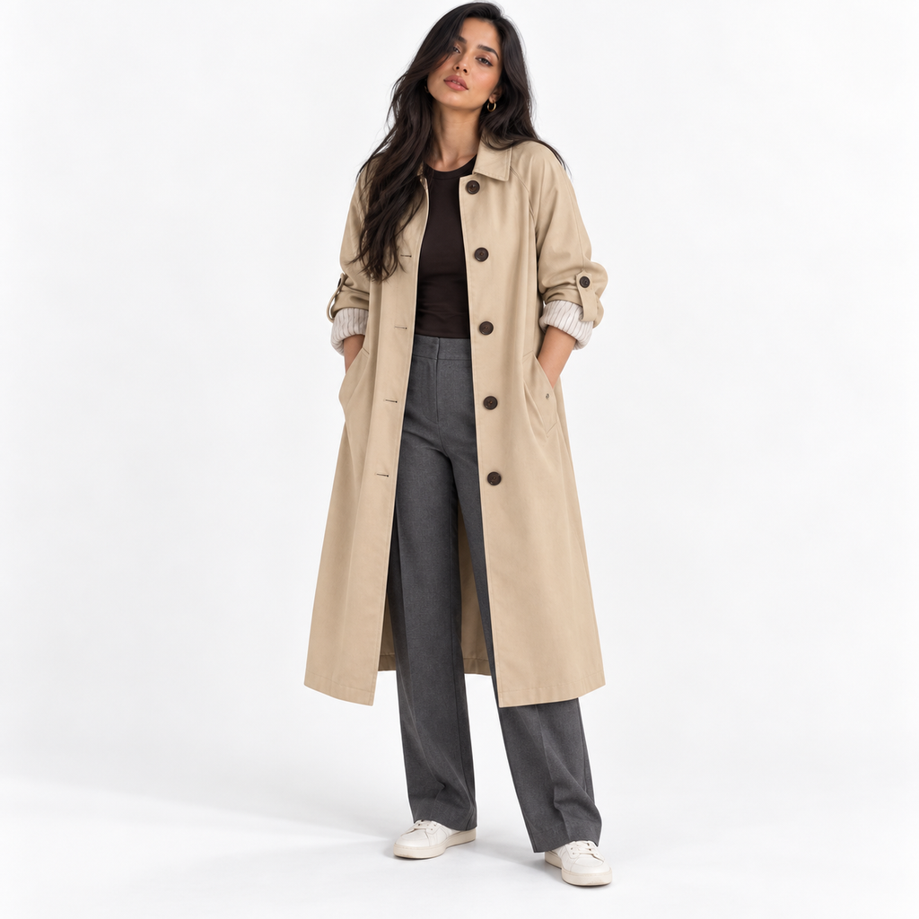 Womens Single-Breasted Long Trench Coat — light khaki front