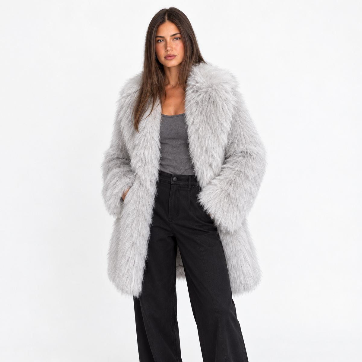 Womens Faux Fur Mid-Length Coat with Extended Collar — light gray extended lapel front