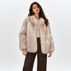 Womens Mid-Length Imitation Fur Coat — smudged beige front