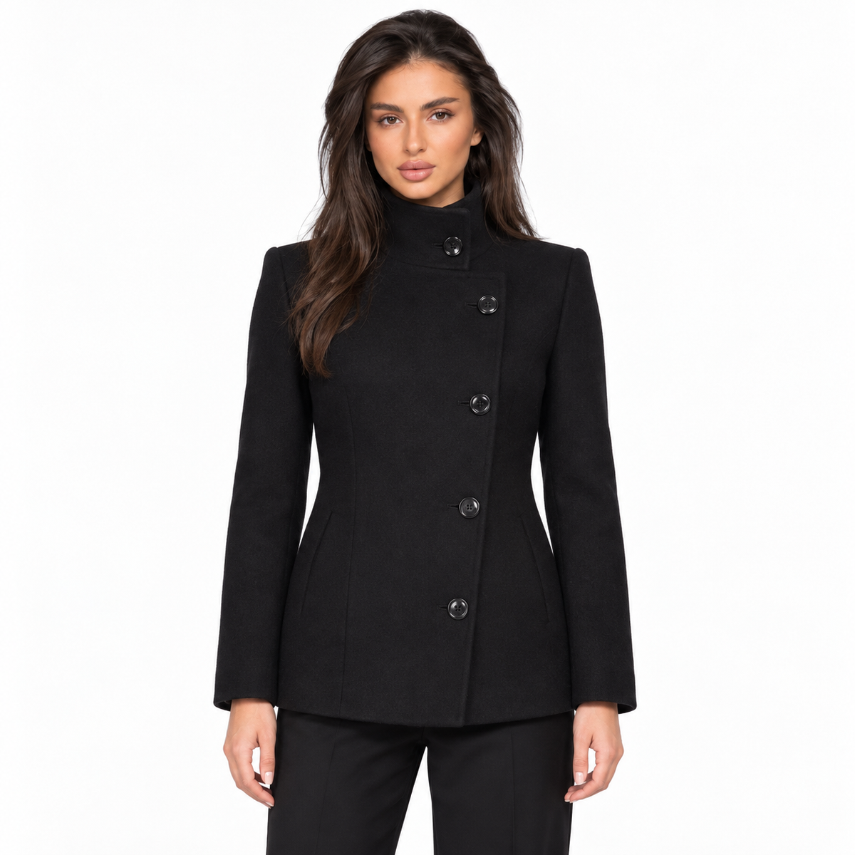 Womens Quilted Wool Coat — black front