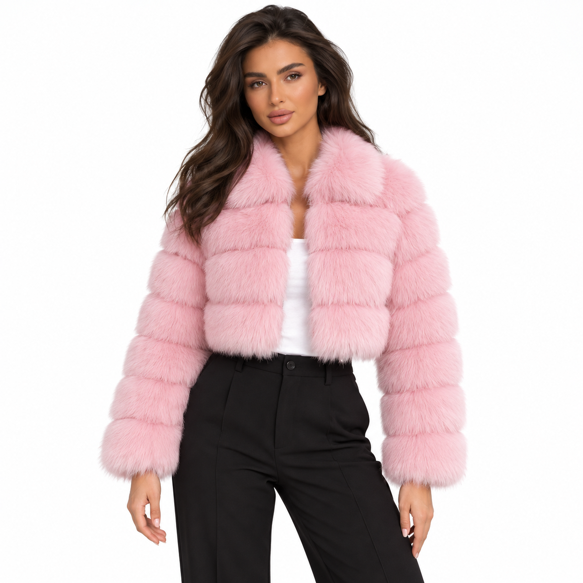 Women Imitation Fur Coat with Lapel Collar — deep powder front