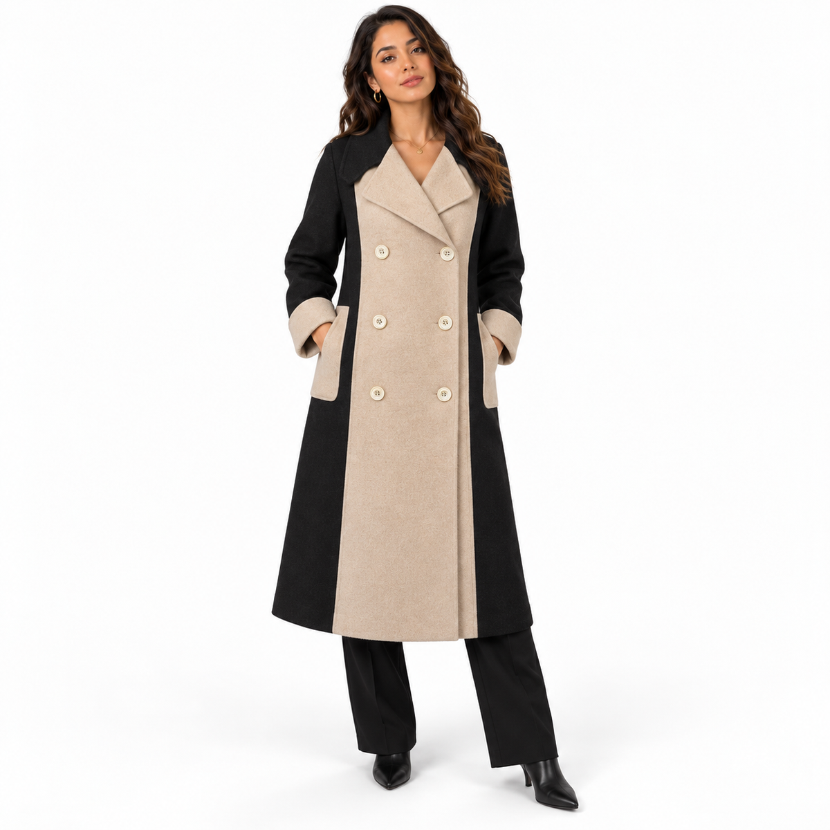Winter Loose Fit Color Block Woolen Coat — black front