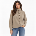 Stand-Up Collar Long-Sleeved Knitted Cardigan — khaki front