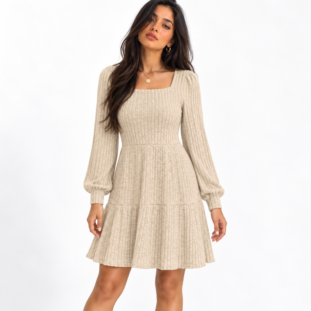 Women's Square Collar Long Sleeve Sweater Dress — apricot front