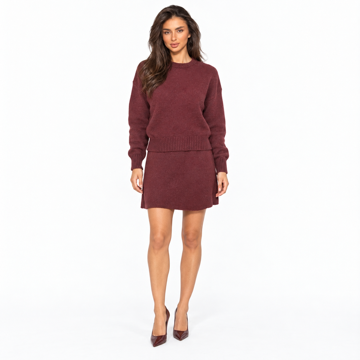 Women's Casual Knit Sweater and Skirt Set — deep red front