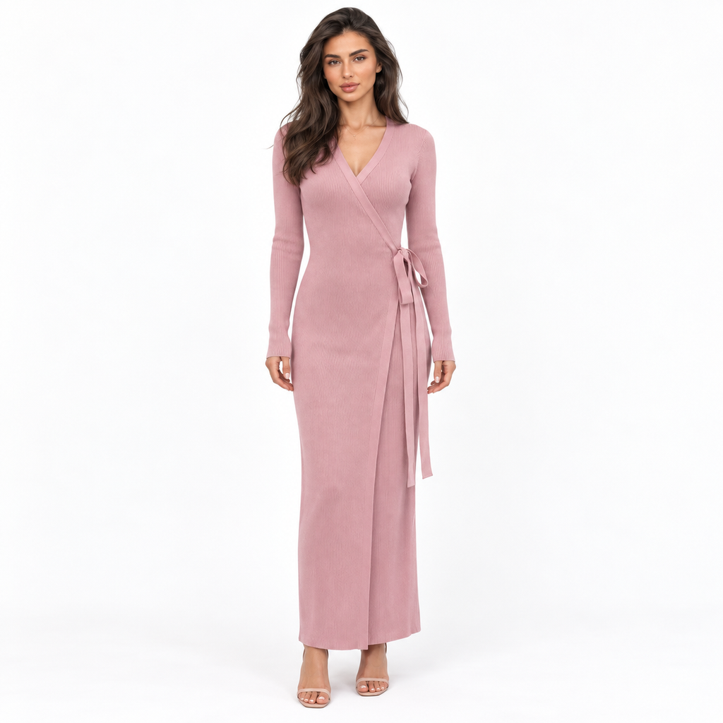 Long-Sleeve Knit Dress for Women — pink front