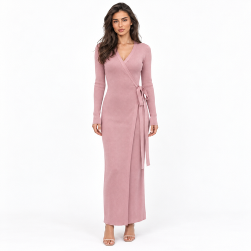 Long-Sleeve Knit Dress for Women — pink front