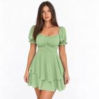 Womens Ruffle Trim Knit Dress with Puff Sleeves — light green front