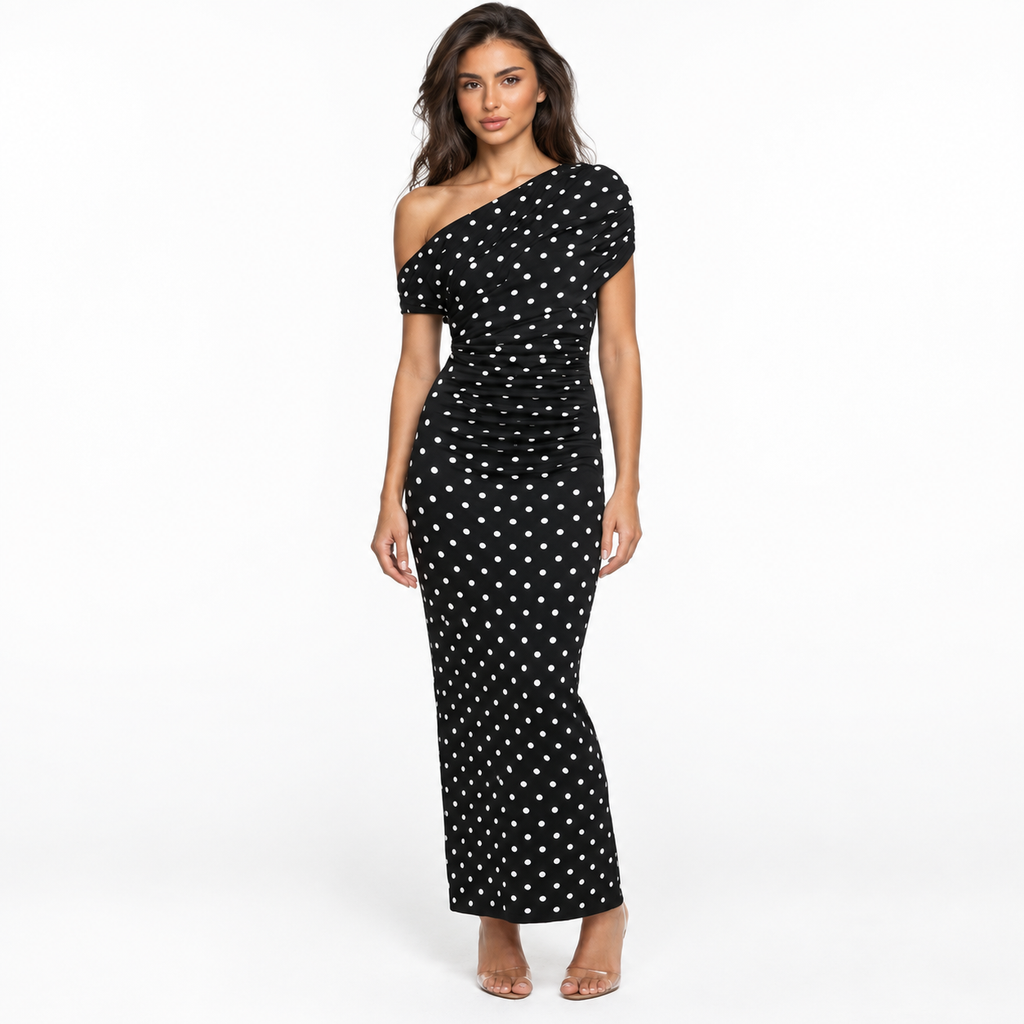French Style Polka Dot Knit Long Dress — black front