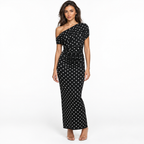 French Style Polka Dot Knit Long Dress — black front
