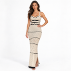 Off-Shoulder Striped Knit Long Dress — wo3842 white front