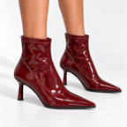 Patent Leather Pointed Toe Stiletto Heel Ankle Boots — wine red three quarter