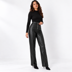 Womens High Waisted PU Leather Wide Leg Pants — black three quarter