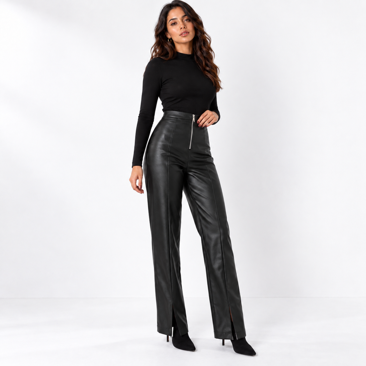 Womens High Waisted PU Leather Wide Leg Pants — black three quarter
