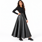 Women's High Waist PU Leather A-Line Skirt — black three quarter