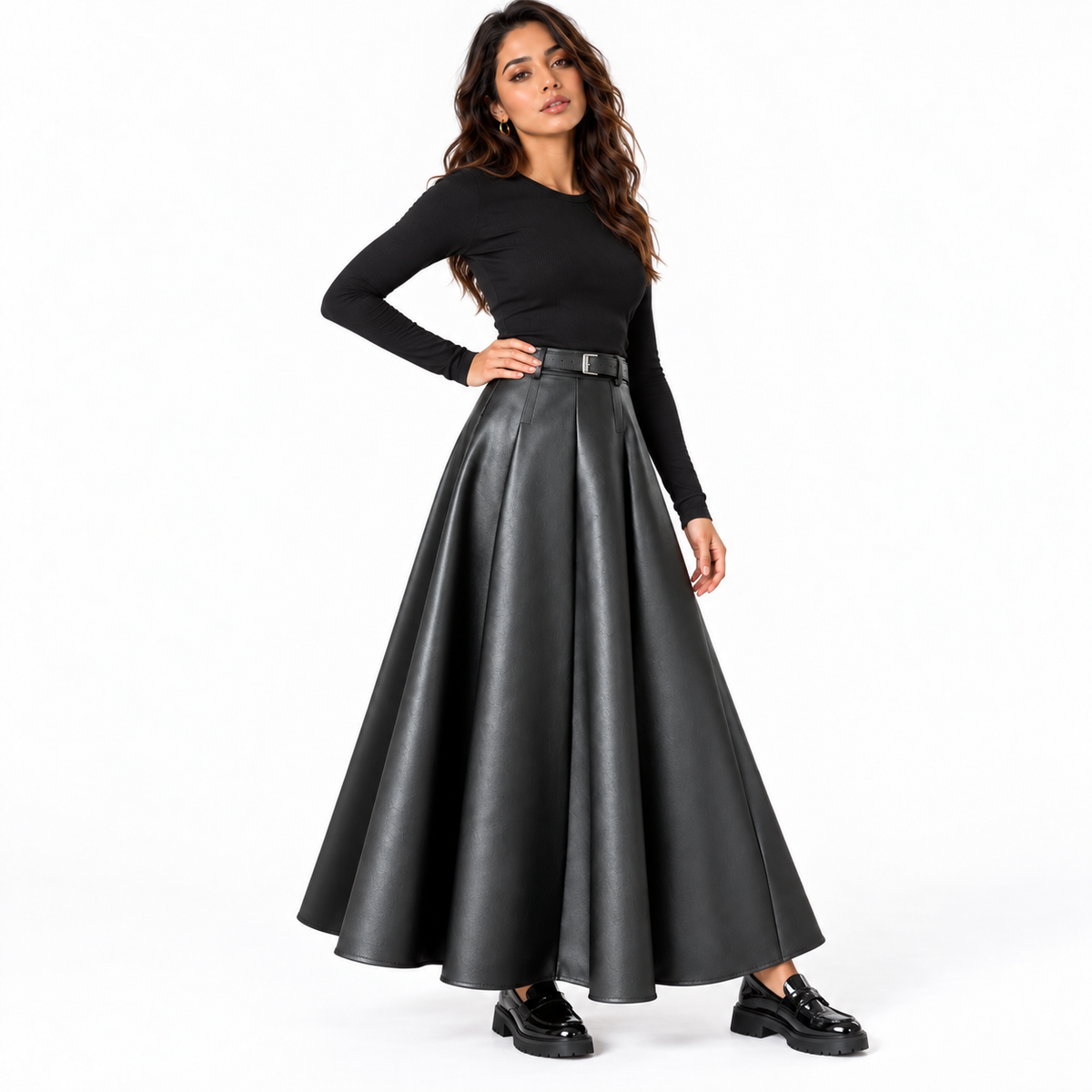 Women's High Waist PU Leather A-Line Skirt — black three quarter