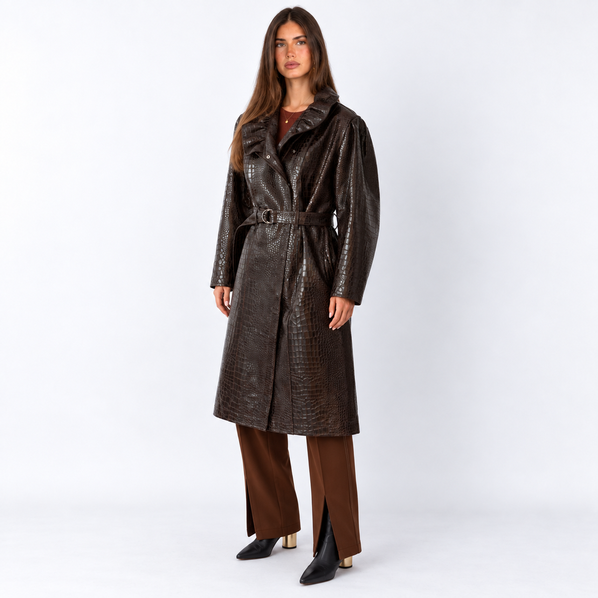 Leather Trench Coat — reddish brown three quarter