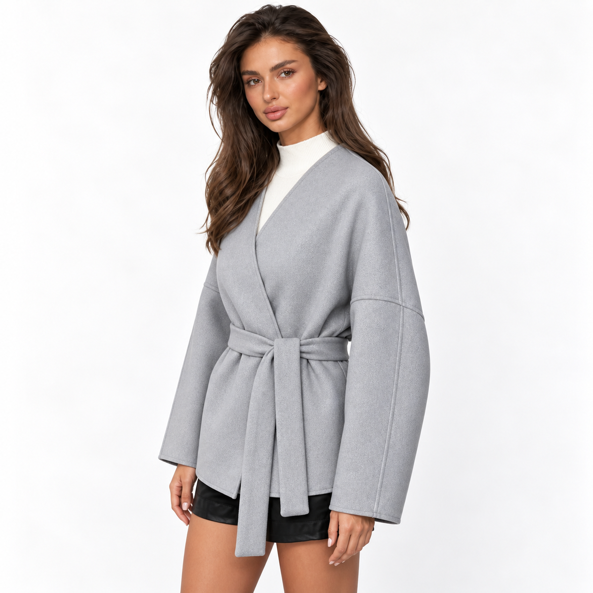 Womens Elegant Belted Trench Coat — light gray front