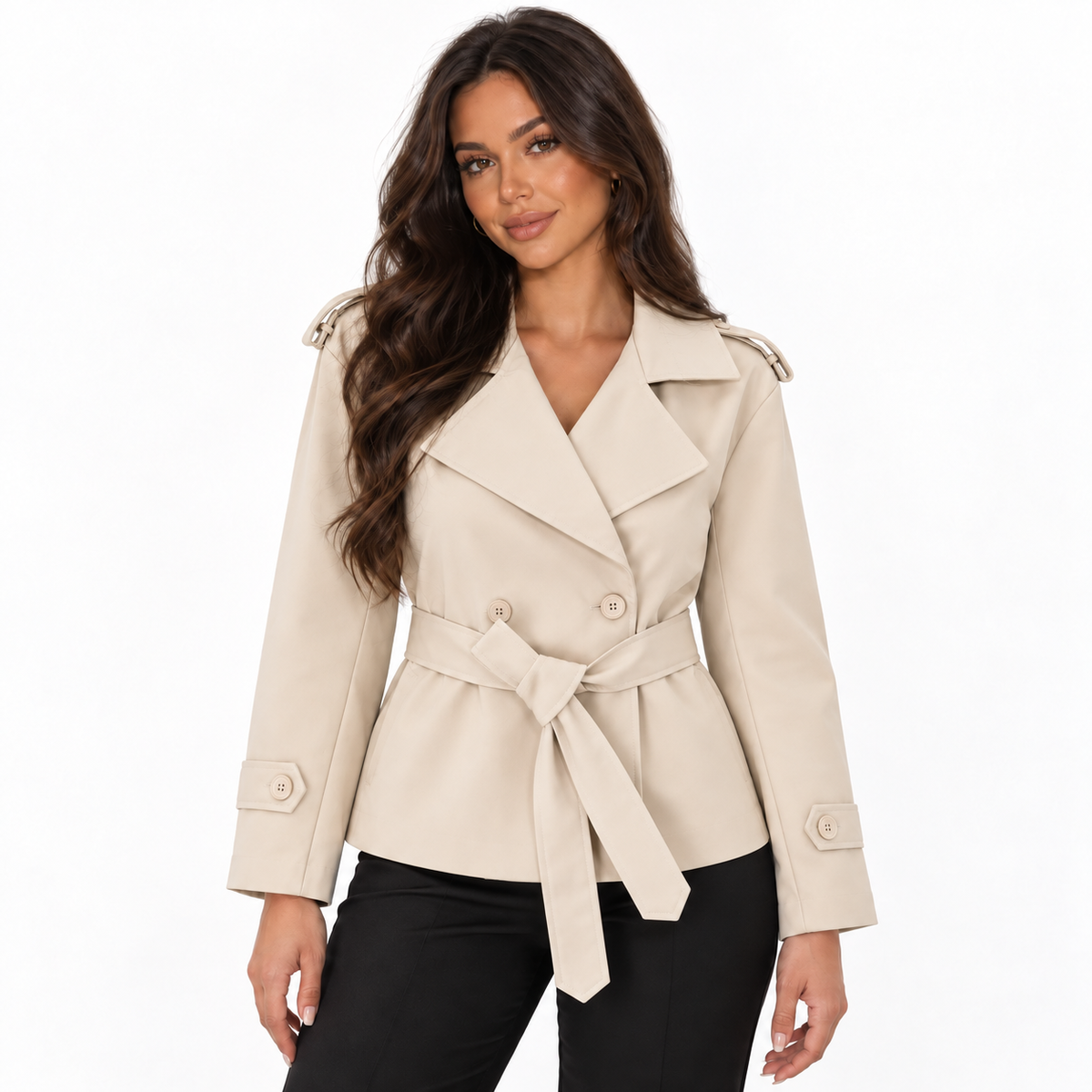 Womens Double Breasted Trench Coat — milky white front