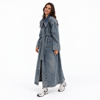 Women Long Denim Trench Coat — denim blue three quarter
