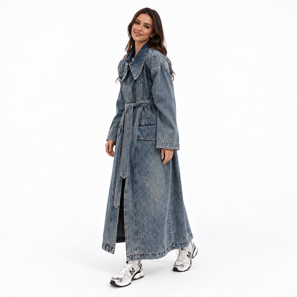 Women Long Denim Trench Coat — denim blue three quarter