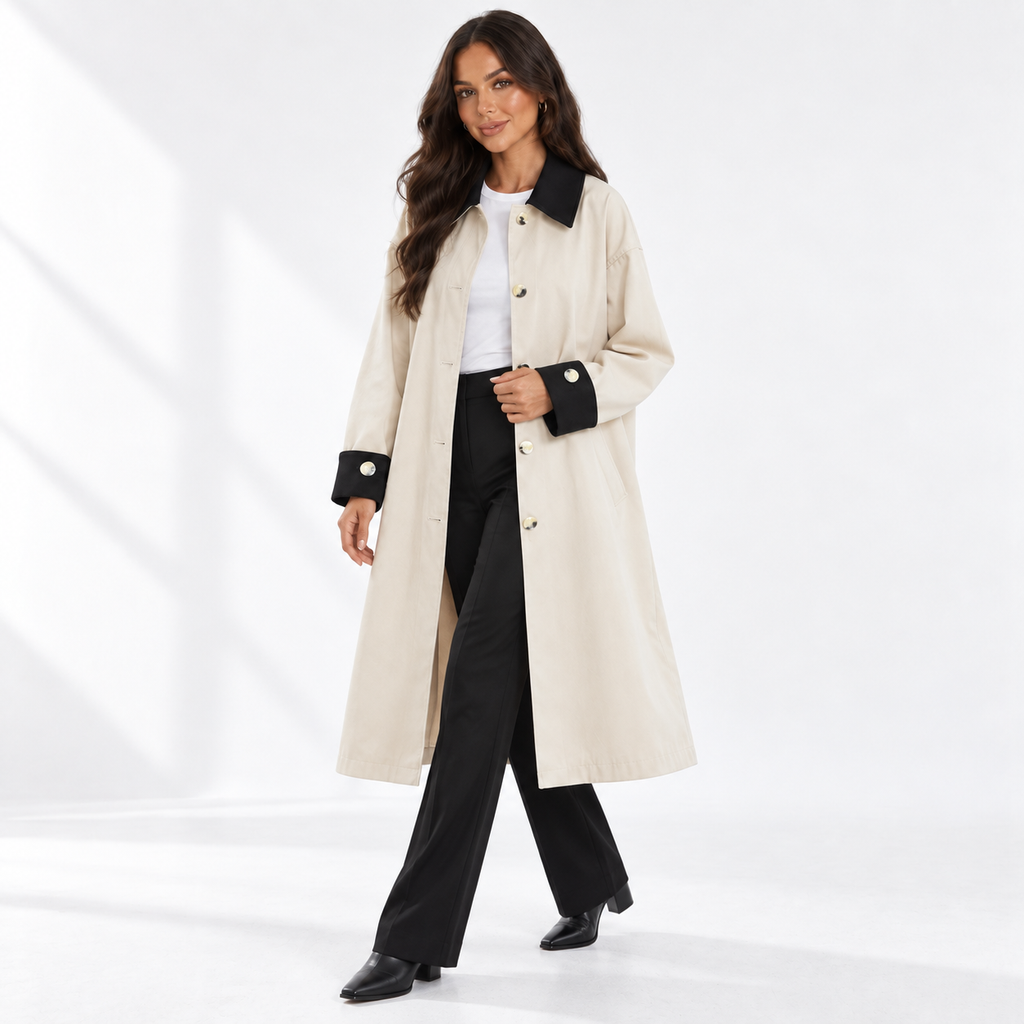 Womens Loose Fit Long Trench Coat — apricot three quarter