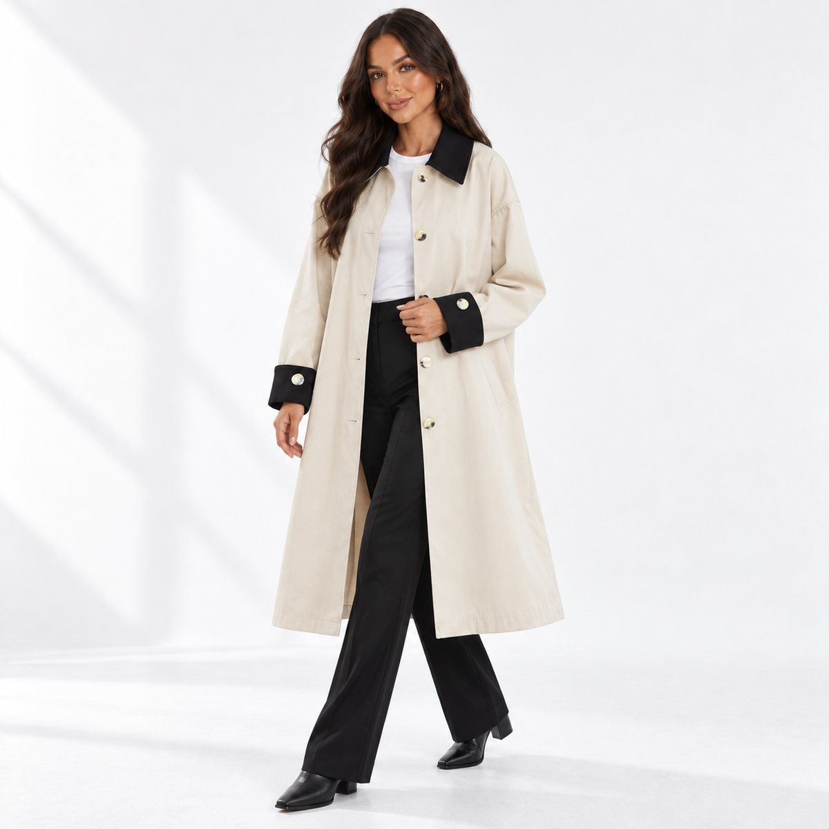 Womens Loose Fit Long Trench Coat — apricot three quarter