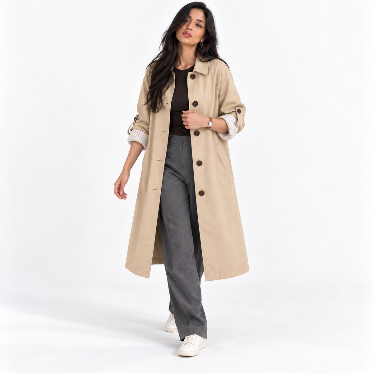Womens Single-Breasted Long Trench Coat — light khaki three quarter