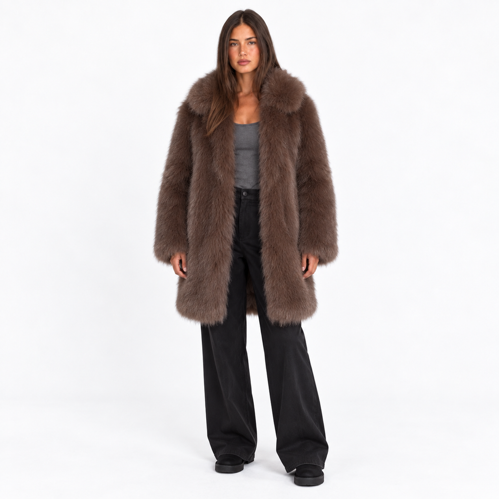 Womens Faux Fur Mid-Length Coat with Extended Collar — coffee brown extended lapel front