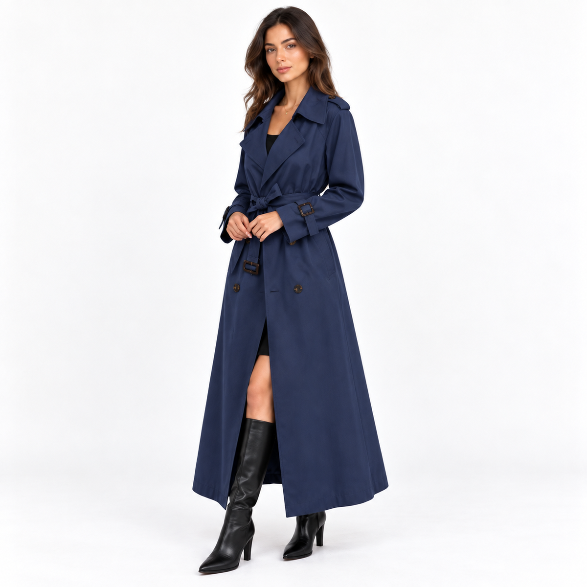 Women's British Style Mid-Length Windbreaker Coat — navy blue front