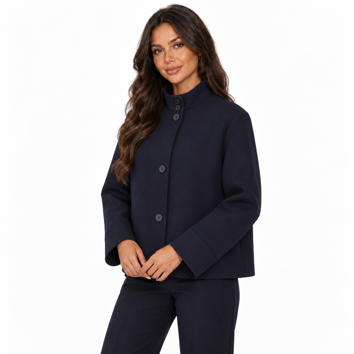 Womens Stand Collar Button Woolen Jacket — navy blue front