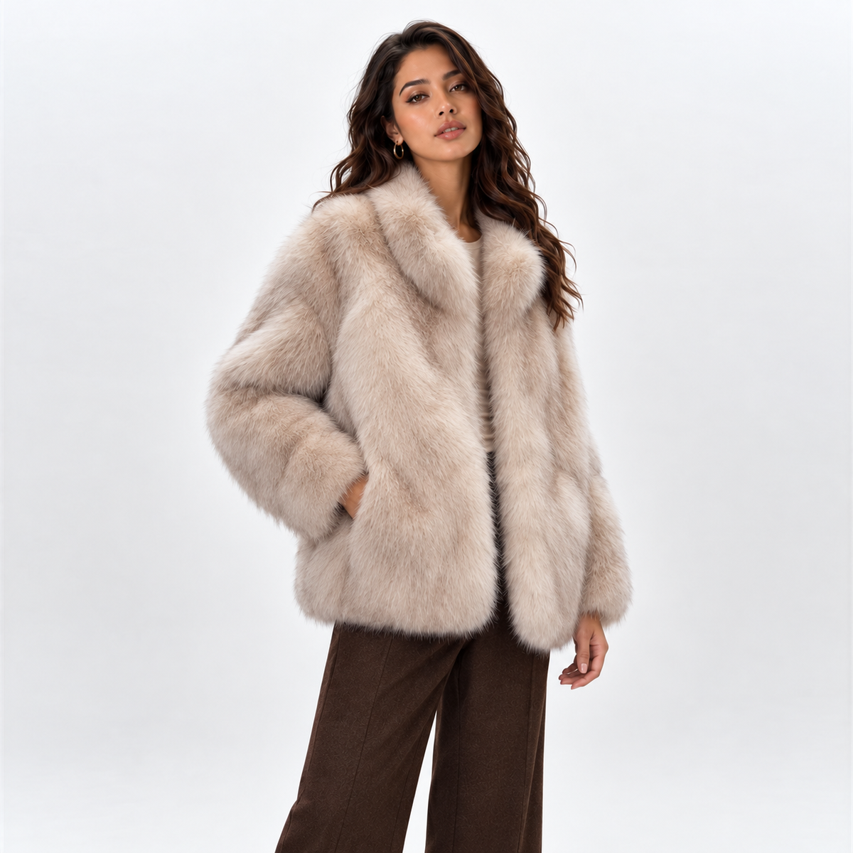 Womens Mid-Length Imitation Fur Coat — smudged beige three quarter