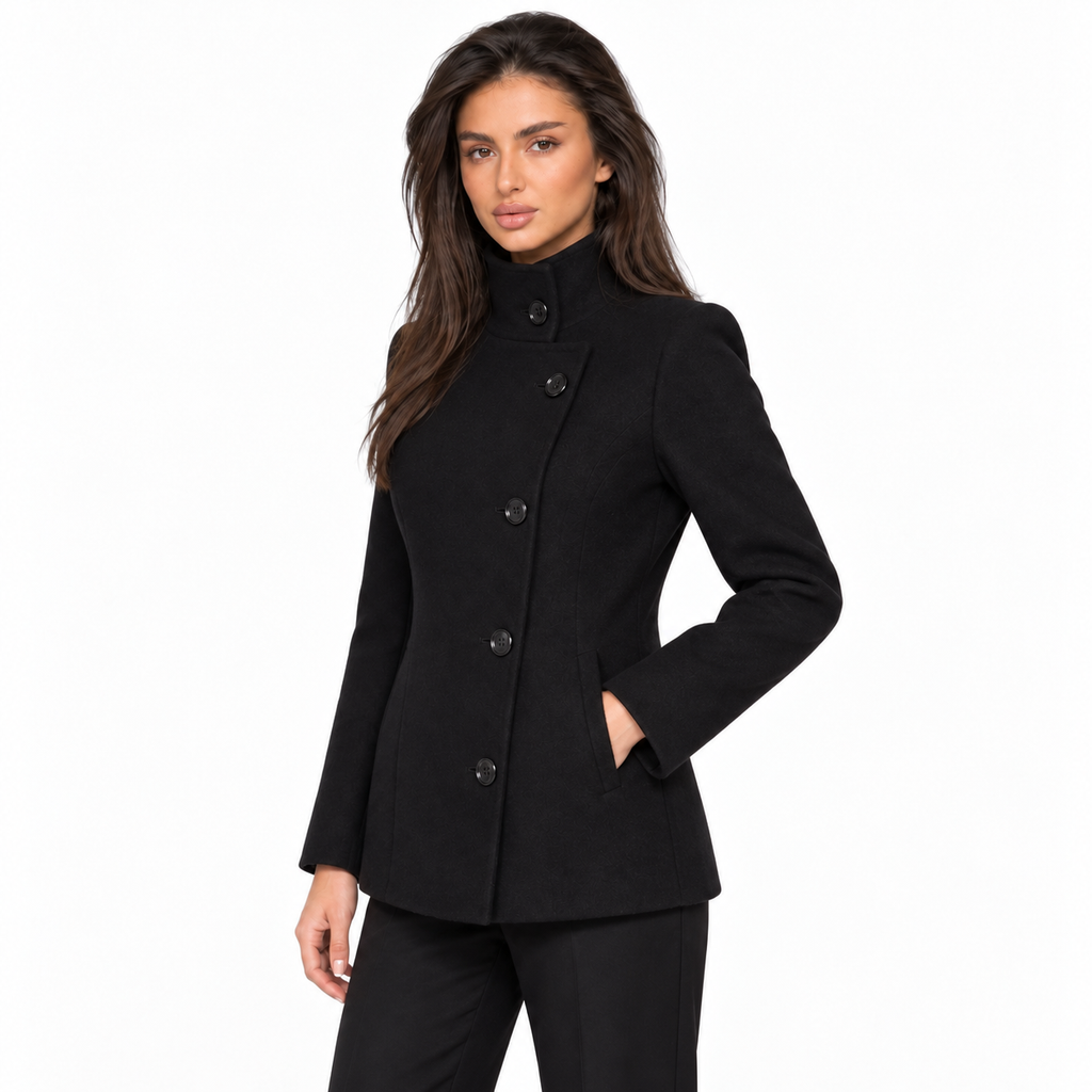 Womens Quilted Wool Coat — black three quarter