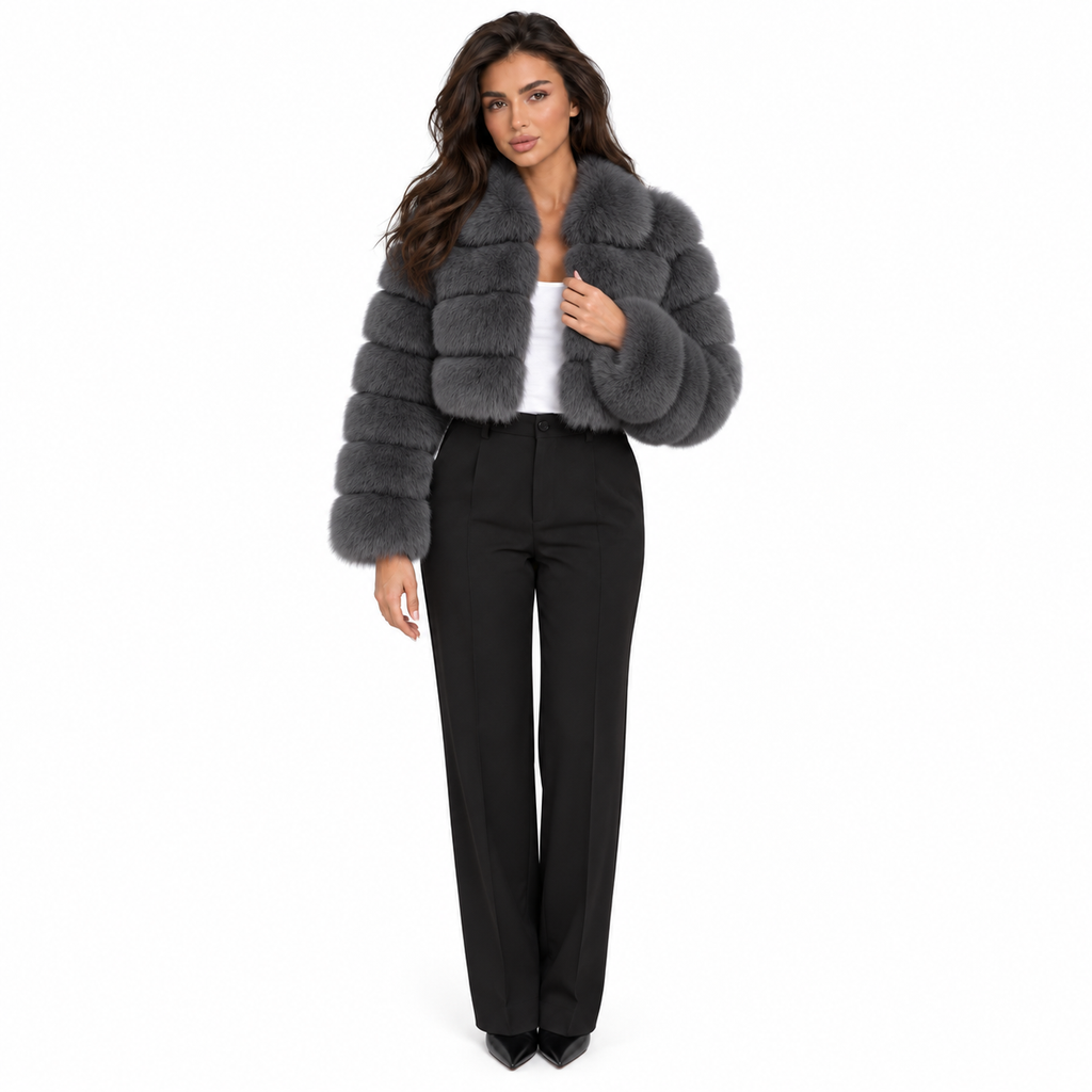 Women Imitation Fur Coat with Lapel Collar — iron gray front