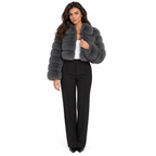 Women Imitation Fur Coat with Lapel Collar — iron gray front